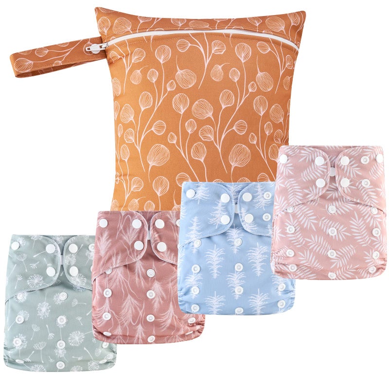 Happy Flute HappyFlute 9 Sets Newborn Baby Cloth Pocket Diapers One Size Adjustable Reusable for Baby Boys and Girls(6-33 pounds,0-3 Years),One Wet Bag+4Diapers and 4Inserts - Image 1